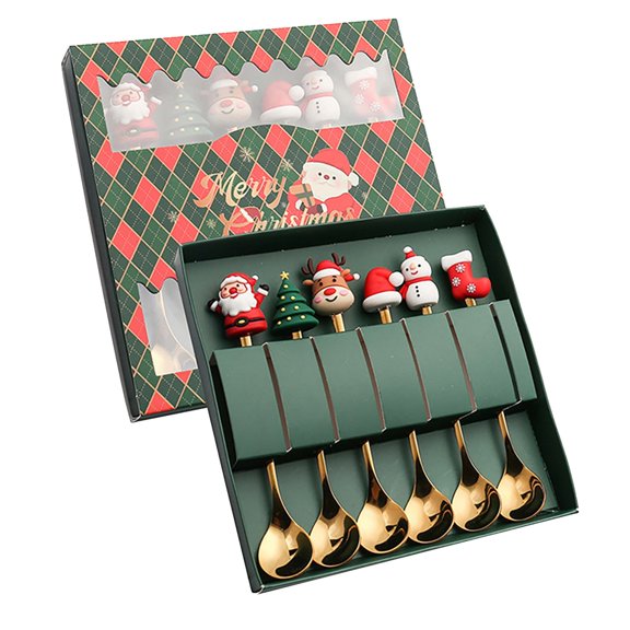Uioepy Final Sale Golden Tableware Christmas Spoon (Old Man Spoon + Round Tree Spoon + Elk Spoon + Hat Spoon + Snowman Spoon + Sock Spoon) Six-Piece Green Box Christmas Tableware Set Stainless Steel S