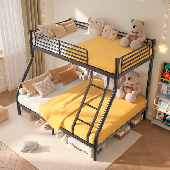 Kdymod Bunk Bed Twin over Full Bunk Beds with Ladder,Heavy Duty Metal Bunk Bed Frame with Wall Fastener Screws,Twin Full Size Bed Bunk Bed with Full-Length Guardrail for Adults,Black