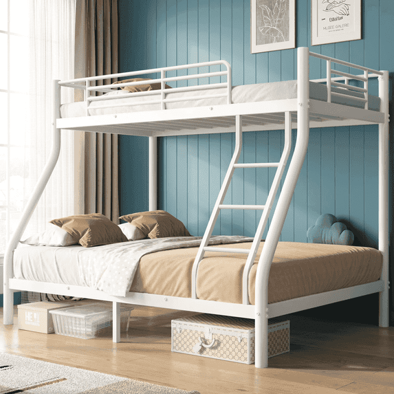 UIOWIO Bunk Bed Twin over Full Bunk Beds with Ladder,Heavy Duty Metal Bunk Bed Frame with Wall Fastener Screws,Twin Full Size Bed Bunk Bed with Full-Length Guardrail for Adults,White