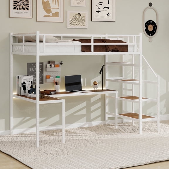 UIOWIO Twin Loft Bed with L-Shaped Desk & Large Storage, Space-Saving Loft Bed Frame with Stairs & Continuous Guard Railing, White