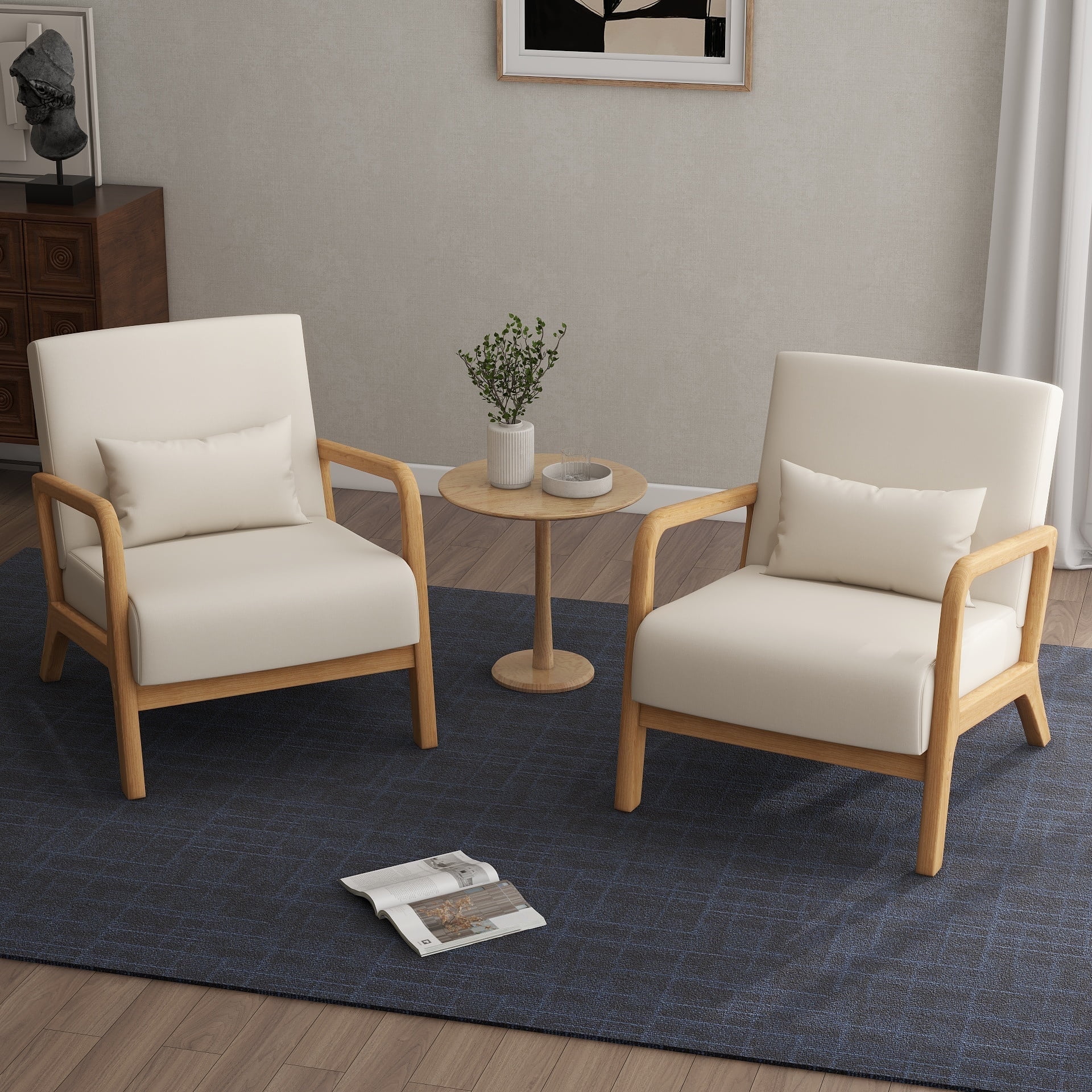 Gray Faux Leather Barrel Accent Chair with Wood Frame