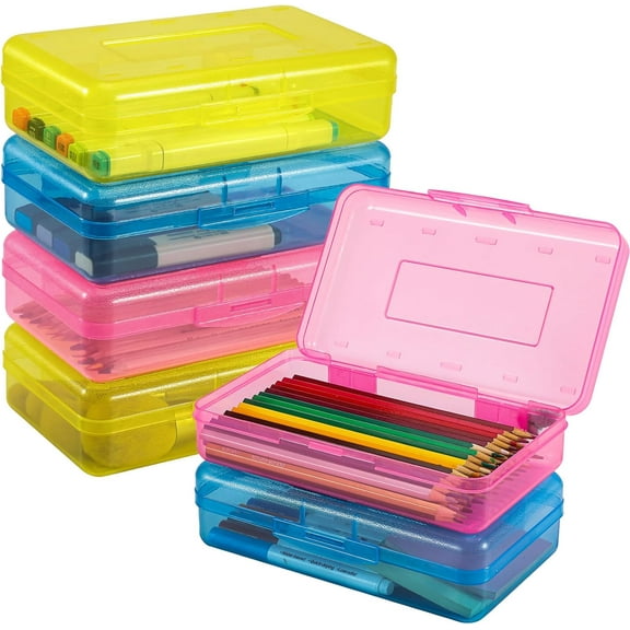 Uiz Merueh 6 Pack Large Capacity Hard Pencil Case, Plastic Crayon Pencil Boxes Bulk with Snap-tight Lid, Clear Storage Box Craft Pen Art Marker Organizer Stackable
