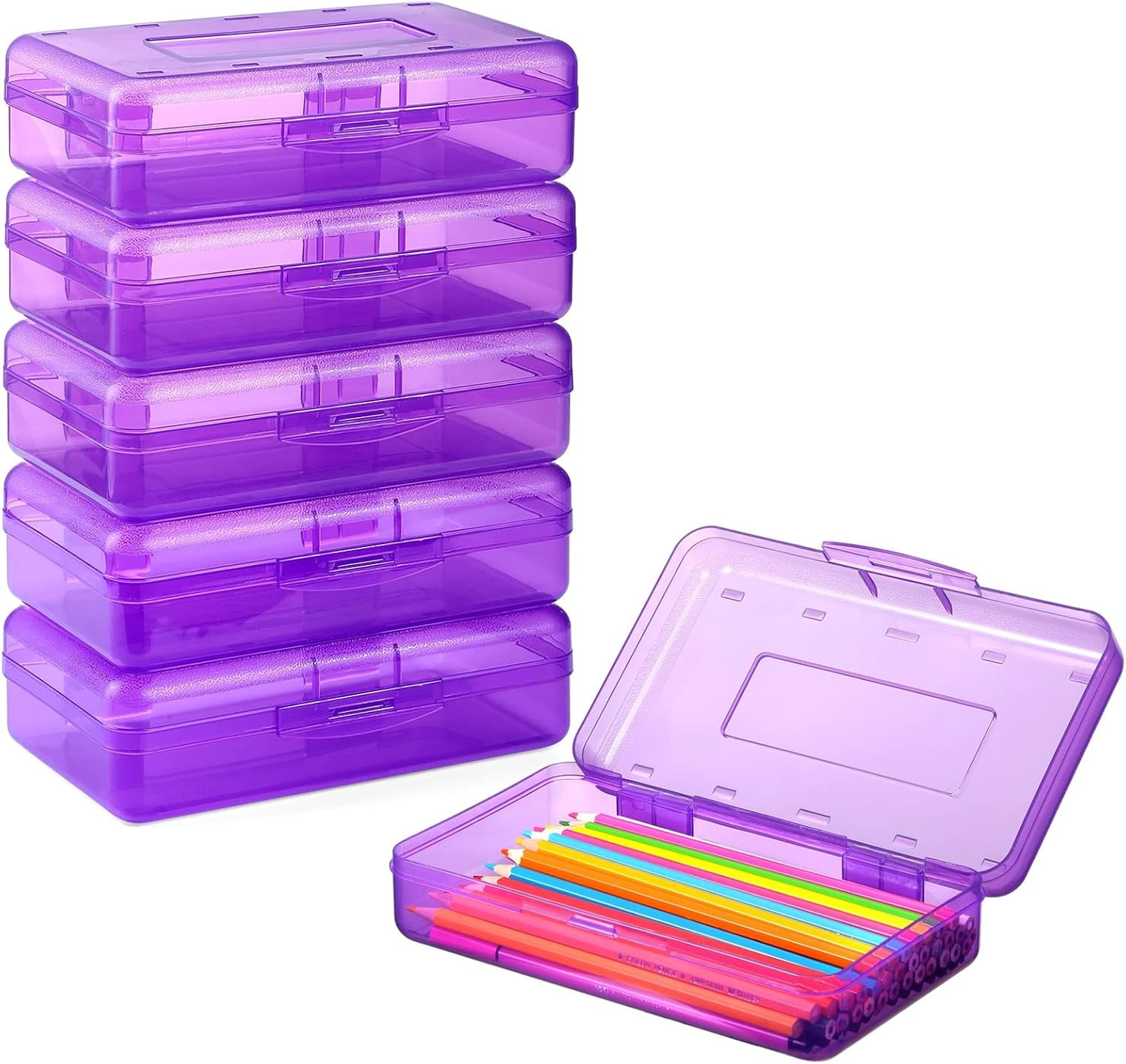 Uiz Merueh 6 Pack Plastic Pencil Box Clear Pencil Case with Lid Bulk Snap Closure Hard Large Capacity Pencil Box Pen Pencil Holder Storage Organizer Box