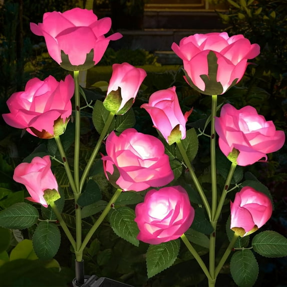 Uiz Merueh Solar Garden Lights Outdoor, 2 Pack Solar Flower Lights Outdoor Waterproof with 16 Rose, 2 Modes Realistic Rose Flower for Yard, Pathway, Garden Decor & Gardening Gift