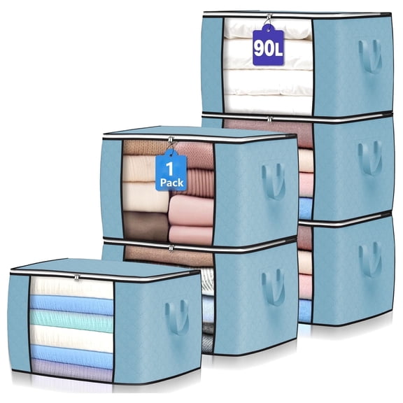 Uiz Merueh Storage Clothes Organizer Storage Bags Foldable Storage Box with Large Clear Window Sturdy Handles for Closet, Dorm, Pillows, Bedding, Clothes, Blankets, 90L, Blue
