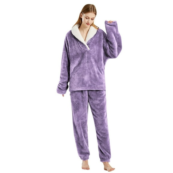 Ujnder Comfortable Flannel Pajamas Long Sleeve Plus Size Loose Fit Homewear Set Light Purple S