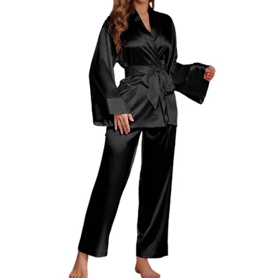 Ujnder Silk Pajama Set for Women Elegant Solid Color Robe and Long Pants Two Piece Black L