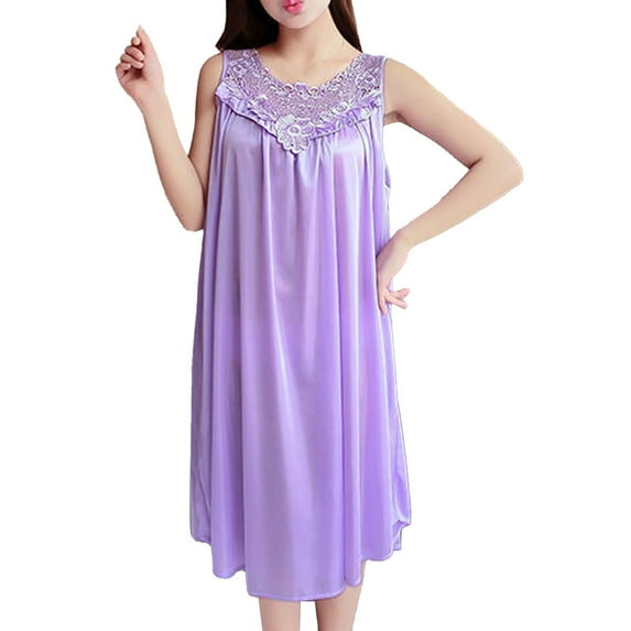 Ujnder Women's Classic Nightgown Sleeveless Round Neck Lace Splice Pullover Loose PP1 One Size