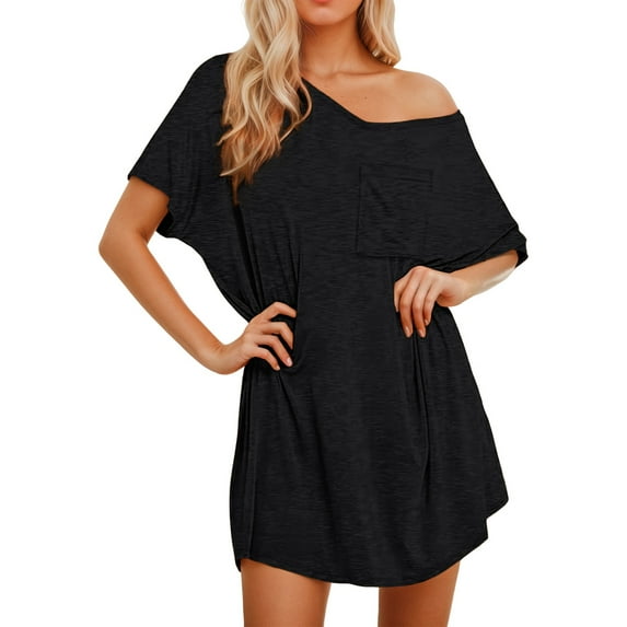 Ujnder Women's Comfortable Solid Color V Neck Short Sleeve Sleeping Dress Nightgown Black M