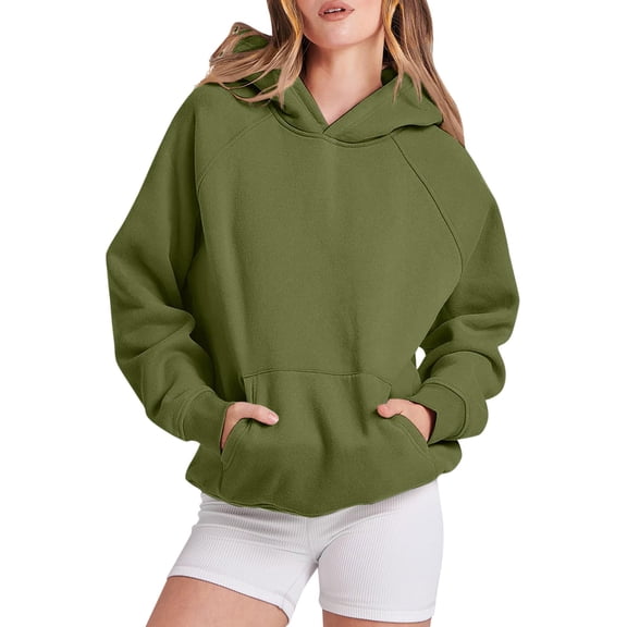 Ujnder Women's Cozy Basic Sweatshirts Loose Fit Hoodies with Pocket Long Sleeve Drop Shoulder Pullover for Women Casual Fall Outfits 03-Army Green S