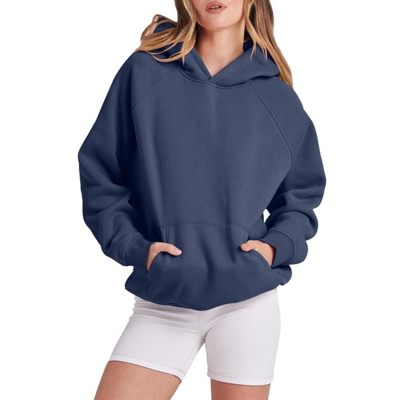 Ujnder Women's Cozy Basic Sweatshirts Loose Fit Hoodies with Pocket Long Sleeve Drop Shoulder Pullover for Women Casual Fall Outfits 04-Navy XXL