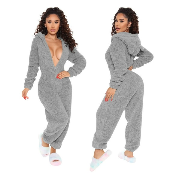 Ujnder Women's Cozy Long Sleeve Hooded Jumpsuit Cute Autumn Winter Loungewear Pajamas Grey L