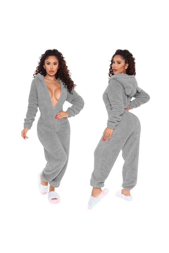 Women's Cozy Long Sleeve Hooded Jumpsuit Cute Autumn Winter Loungewear Pajamas Grey XL
