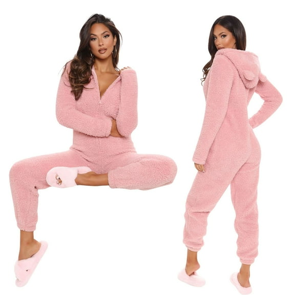 Ujnder Women's Cozy Long Sleeve Hooded Jumpsuit Cute Autumn Winter Loungewear Pajamas Pink S