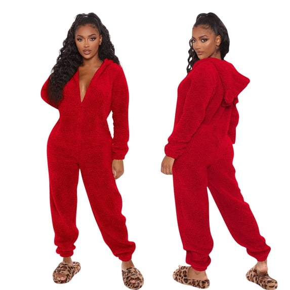 Ujnder Women's Cozy Long Sleeve Hooded Jumpsuit Cute Autumn Winter Loungewear Pajamas Red XL