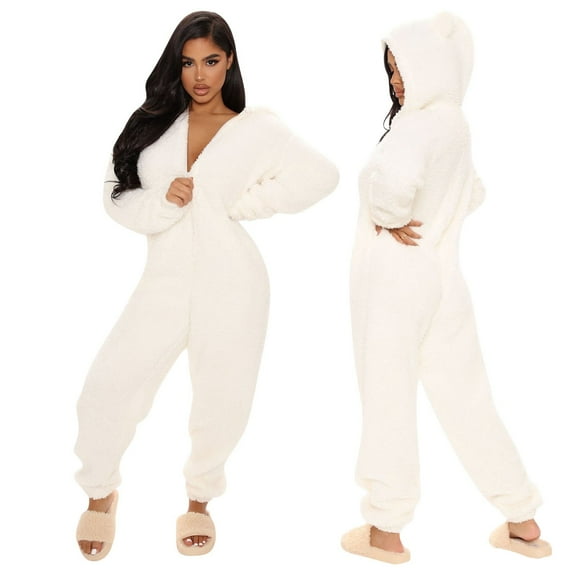 Ujnder Women's Cozy Long Sleeve Hooded Jumpsuit Cute Autumn Winter Loungewear Pajamas White S