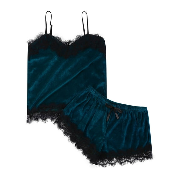 Ujnder Women's Elegant Silk Pajamas Set Satin Camisole Sleepwear V Neck Top and Shorts Dark Green L