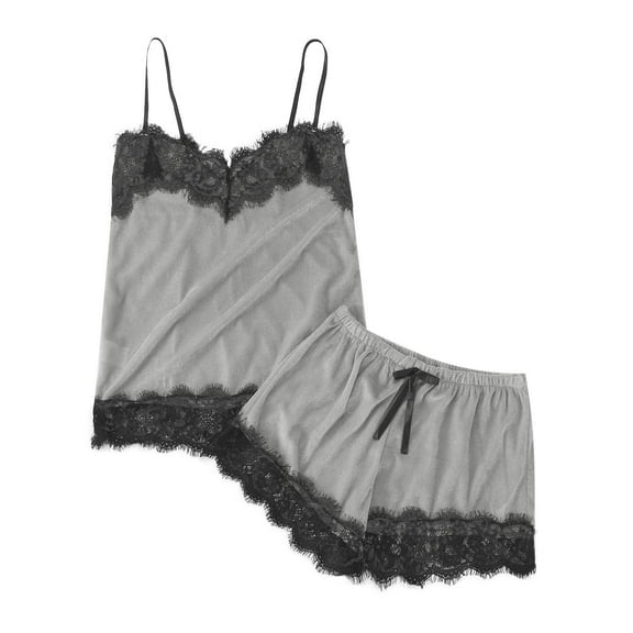 Ujnder Women's Elegant Silk Pajamas Set Satin Camisole Sleepwear V Neck Top and Shorts Grey XL