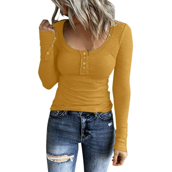 Ujnder Women’s Long Sleeve Henley T Shirts Square Neck Button Ribbed Knit Layering Shirts Fall Winter Button Down Slim Fit Basic Tops Blouse