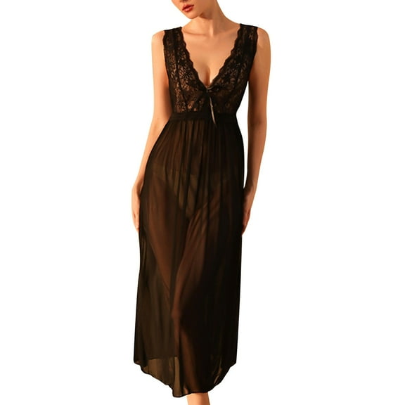 Ujnder Women's Mesh Nightgown Long Sheer Seductive Pajamas Fairy Pure Desire Sleepwear Set Black L