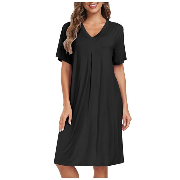 Ujnder Women's Modal Cotton Nightgown V Neck Pleated Long Sleep Dress Loose Fit Black XL