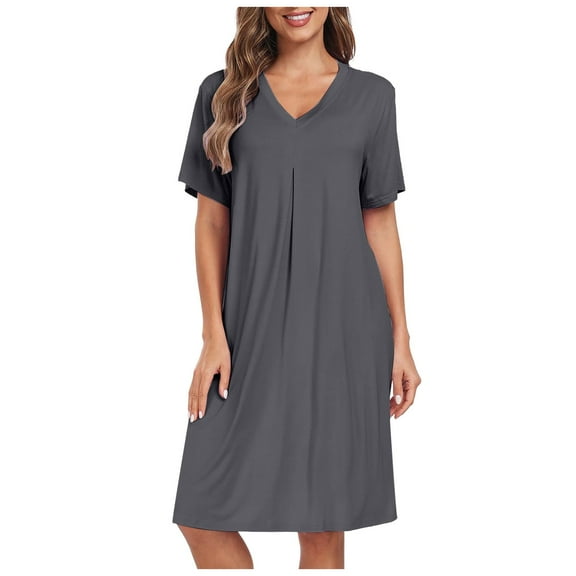Ujnder Women's Modal Cotton Nightgown V Neck Pleated Long Sleep Dress Loose Fit Dark Gray L