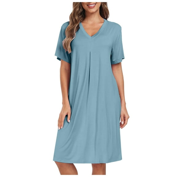 Ujnder Women's Modal Cotton Nightgown V Neck Pleated Long Sleep Dress Loose Fit Light Blue L