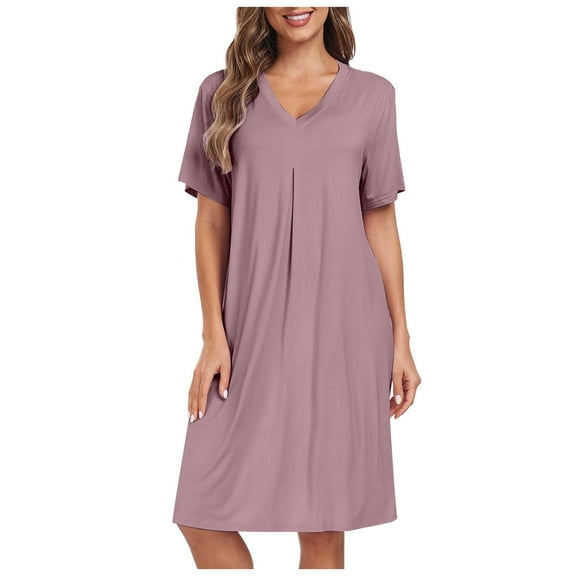 Ujnder Women's Modal Cotton Nightgown V Neck Pleated Long Sleep Dress Loose Fit Purple L