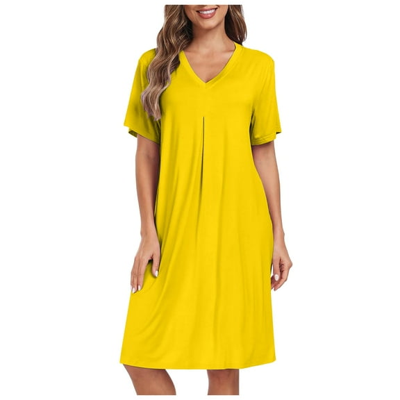 Ujnder Women's Modal Cotton Nightgown V Neck Pleated Long Sleep Dress Loose Fit Yellow L