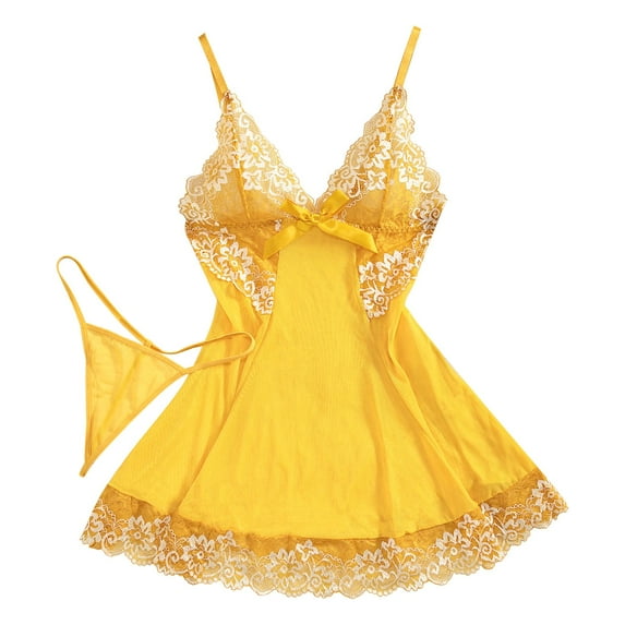 Ujnder Women's Nightgown Lace Bodysuit with Shapewear Alluring Sheer Yellow XXL