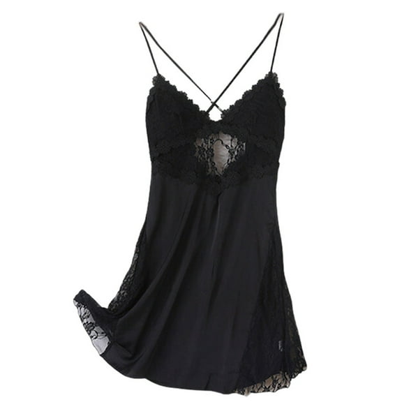 Ujnder Women's Nightgown Lace Suspender Padded Satin Silk Home Wear for Women Black L