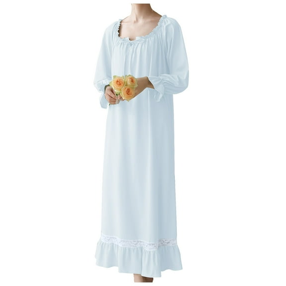 Ujnder Women's Nightgown Long Sleeve Nightshirt Dress Sleepwear Blue L