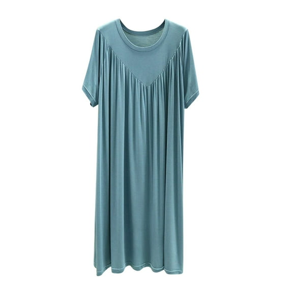 Ujnder Women's Nightgown Pleated Crew Neck Short Sleeve Negligee Casual Midi A XL