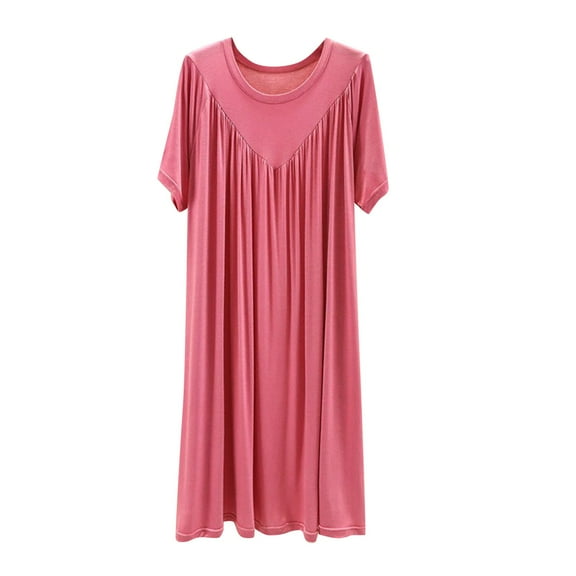 Ujnder Women's Nightgown Pleated Crew Neck Short Sleeve Negligee Casual Midi C XL