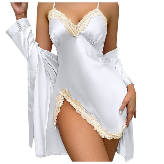 Ujnder Women's Nightgown Set Suspender Lace Home Wear Comfortable Two Piece White L