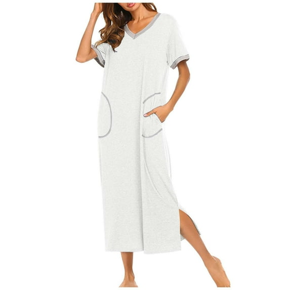 Ujnder Women's Nightgown Short Sleeve Soft Nightshirt Full Length Sleep Dress Comfortable White S