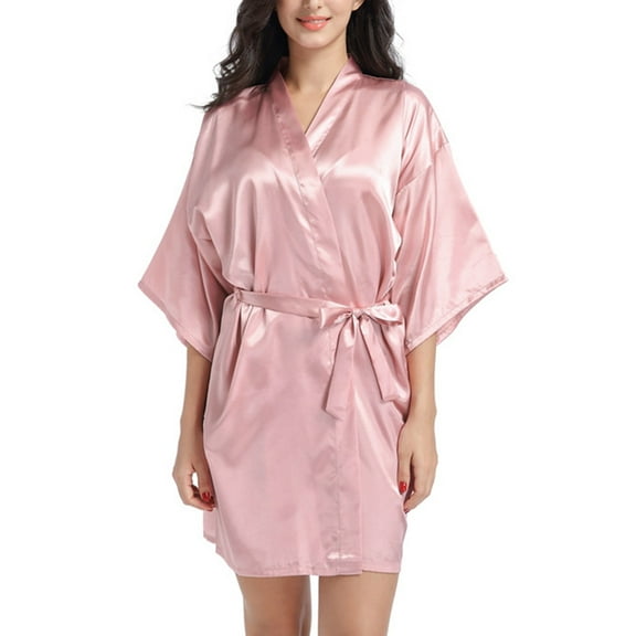 Ujnder Women's Nightgown Soft Long Satin Robe Silk Kimono Full Length Bath Robe Light Pink L