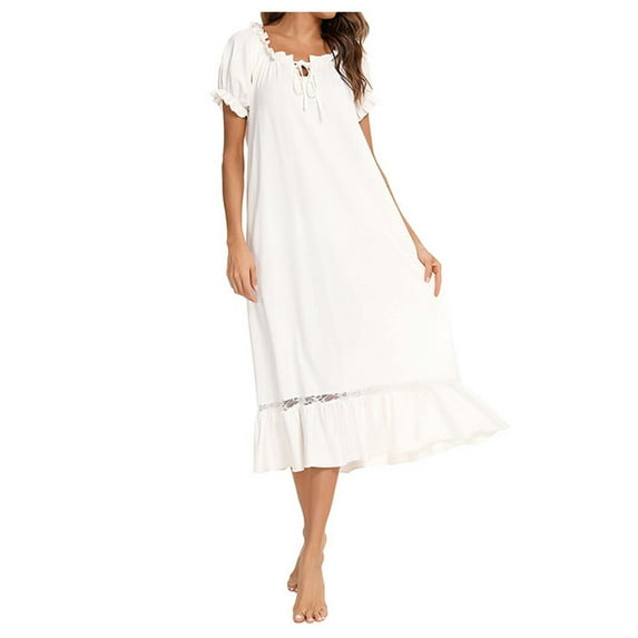 Ujnder Women's Nightgown Solid Color Lace Splice Short Sleeve Cute Comfortable Home Dress White XL