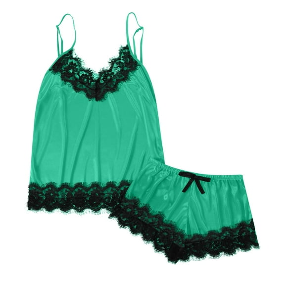 Ujnder Women's Silk Pajamas Set Satin Camisole Sleepwear V Neck Top and Shorts Green L
