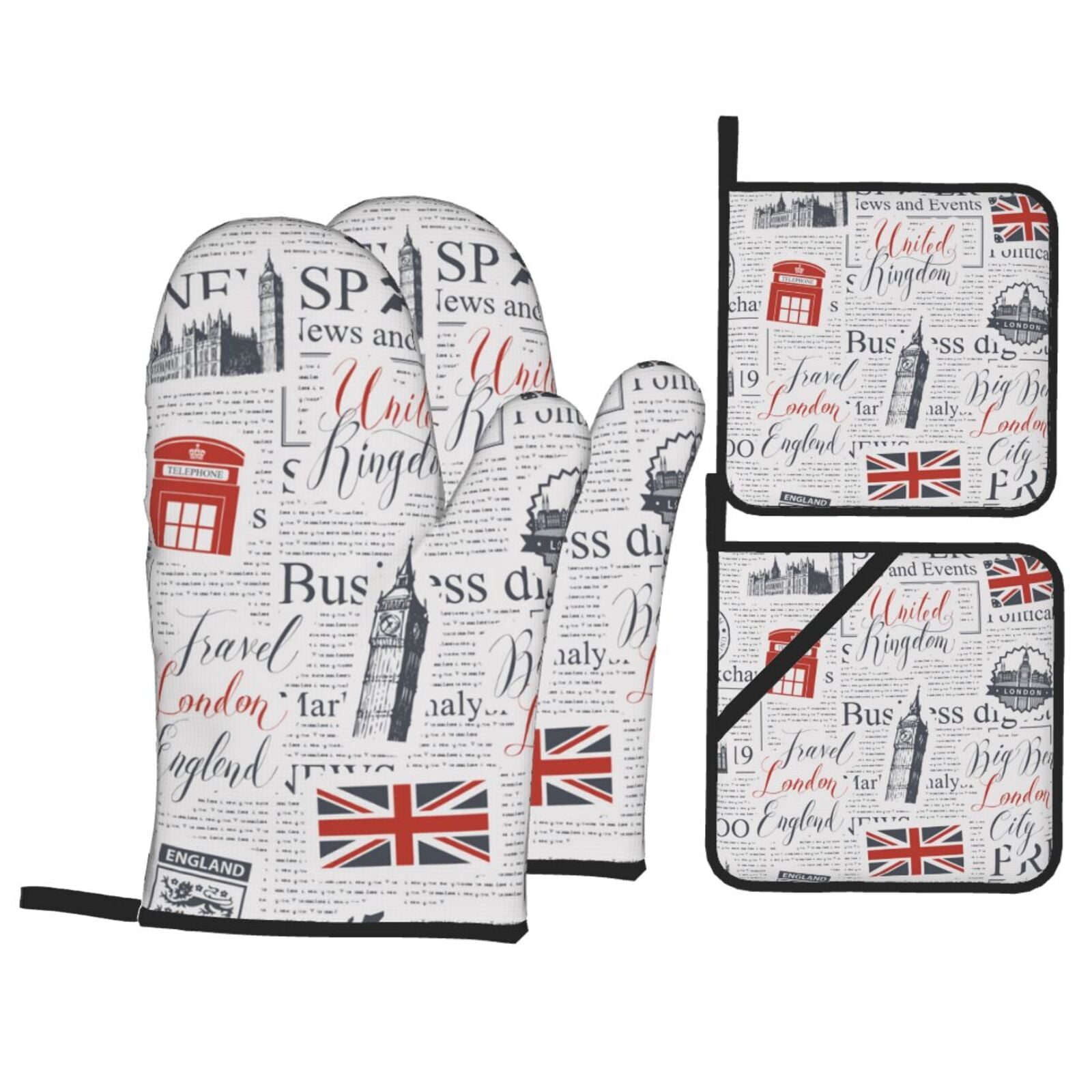 Uk And London British Vintage Newspaper 4Pcs Oven Mitts and Pot Holders Sets Oven Kitchen Gloves Hot Pads for Cooking BBQ Baking Grilling
