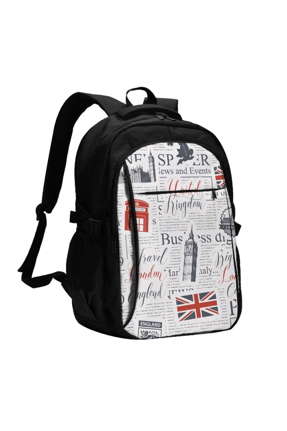 Uk And London British Vintage Newspaper Laptop Backpack with USB Charging Headphone Port Casual Daypack Bag College Business Travel