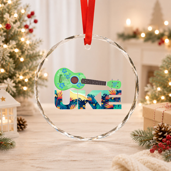 Uke Hawaiian Theme Ukulele Player Tropical Island Music Glass Ornament