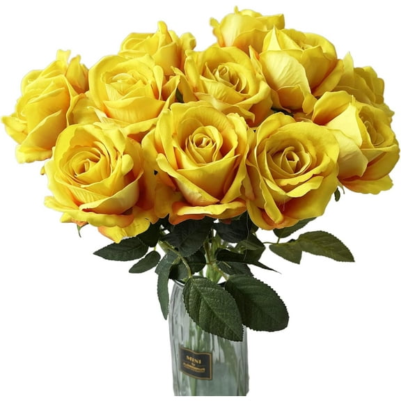 Levinis 12 Pcs Artificial Rose Flowers Blossom Real Touch Silk Faux Roses with Long Stem Rose Bouquets for Home Decoration Wedding Party Garden Floral Decor, Yellow