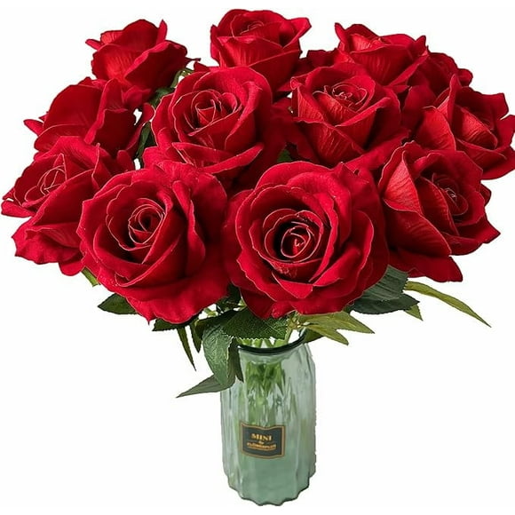 Levinis 12 Pcs Artificial Rose Flowers Blossom Red Rose Flowers Real Touch Silk Faux Roses with Long Stem Rose Bouquets for Home Decoration Wedding Party Garden Floral Decor Valentine's Day Gift