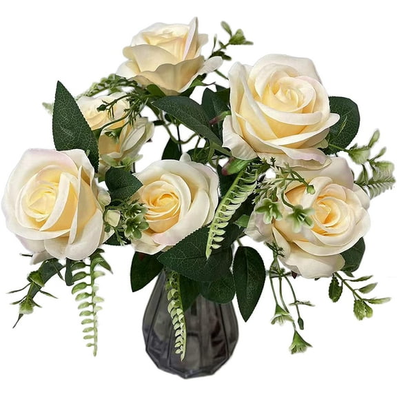 Ukeler Artificial Rose Flowers Bouquet Beige Champagne 2 Bunches Realistic Silk Artificial Flowers for Home Decoration Party Festival Wedding Decor