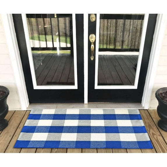 Ukeler Buffalo Check Rug 2' x 3'- Cotton Washable Front Porch Rugs Door Mats Hand-Woven Checkered Plaid Rug for Entry Way/Kitchen/Bathroom/Bedroom, Blue and White Plaid