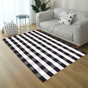 Ukeler Buffalo Checkered Rug Hand-Woven Cotton Plaid Area Floor Rugs Carpet for Living Room Bedroom, 4.9 x 6.5 Feet, Black and White
