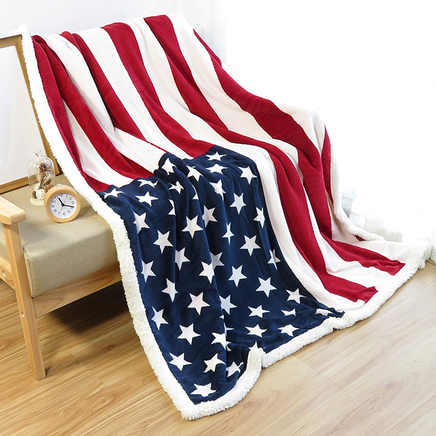 Ukeler Flannel Sherpa Throw 50'' x 60'' American Flag Fleece Blanket Soft Comfy Flannel Blanket Throws for Bed/Couch/Sofa/Office/Camping