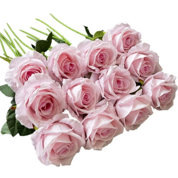 Ukeler Pink Artificial Rose Flowers 12 Pcs Blossom Rose Flowers Real Touch Silk Faux Roses with Stem Rose Bouquets for Home Decoration Wedding Party Garden Floral Decor Valentine's Day Gift