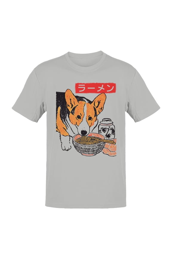 Ukiyo Block Print Corgi Ramen Men's Gray T-shirt